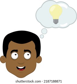Ilustración vectorial de la cara de un dibujo animado masculino calvo, con una nube de pensamiento con bombilla, en el concepto de buena idea o creatividad