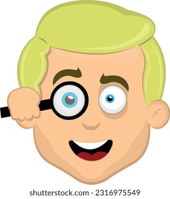 Vektorgrafik-Gesicht eines männlichen Cartoons mit blondem und blauem Auge mit Lupe