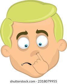 vector illustration face of man cartoon blonde with blue eyes picking his nose