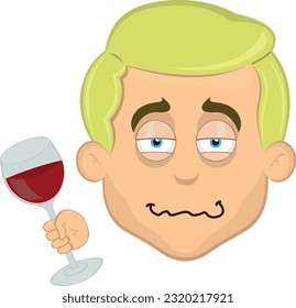 ilustración vectorial caricatura hombre ojos rubios azules borrachos, con un vaso de vino en la mano