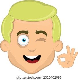 ilustración vectorial cara hombre caricatura ojos rubios azules, guiño y con sus manos haciendo un gesto de bien o perfecto
