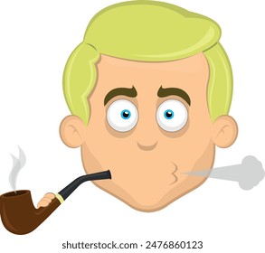 vector illustration face man cartoon blonde eyes smoking and exhaling pipe tobacco smoke