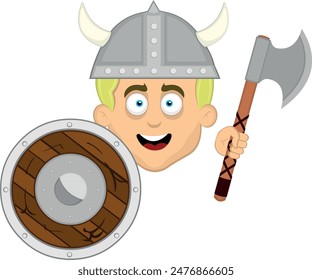 vector illustration face man cartoon blonde eyes with a helmet with horns, a shield and a viking axe