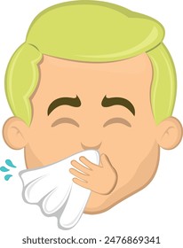 vector illustration face man cartoon blonde eyes sneezing with a nose handkerchief