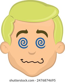 vector illustration face man cartoon blonde eyes, hypnotized or drugged with spiral shaped eyes