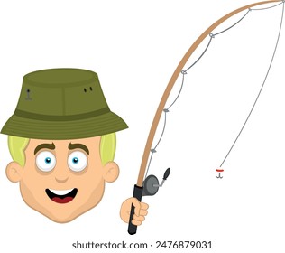 vector illustration face man cartoon blonde eyes, with a fisher hat and a fishing rod