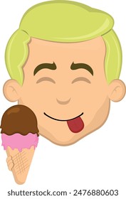 vector illustration face man cartoon blonde eyes, with an ice cream  wafer cone in his hand and an yummy expression