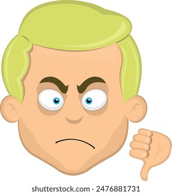 vector illustration face man cartoon blonde eyes, with thumb pointing down in concept of not approved or no like