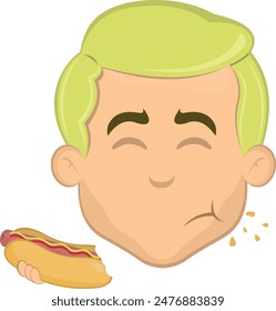 vector illustration face man cartoon blonde eyes, eating fast food from a hot dog