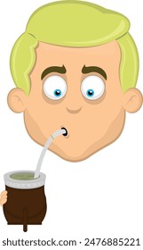 vector illustration face man cartoon blonde eyes, drinking the classic argentine drink or infusion yerba mate