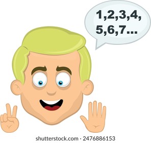 vector illustration face man cartoon blonde eyes, with your fingers hands counting numbers