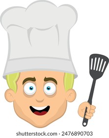 vector illustration face man cartoon blonde eyes, with a chef hat and spatula