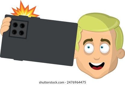 vector illustration face man cartoon blonde and blue eyes, doing a selfie photo with mobile phone or smartphone