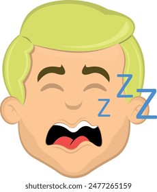 vector illustration face man cartoon blonde and blue eyes, snoring with mouth open and text zzz