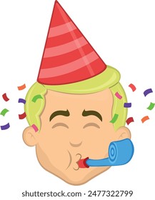 vector illustration face man cartoon blonde and blue eyes, with a party hat, serpentine and falling confetti paper