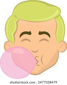 vector illustration face man cartoon blonde and blue eyes, chewing and making bubblegum balloon candy