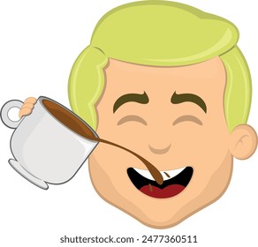 Ilustración vectorial cara hombre de dibujos animados rubia, bebiendo una taza de café