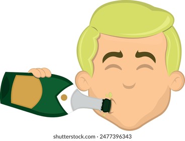 vector illustration face man cartoon blonde, drinking champagne or cider from the bottle