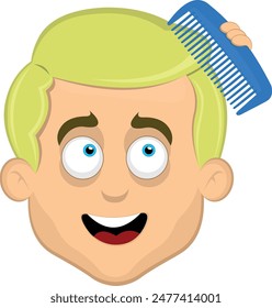 vector illustration face man cartoon blonde and blue eyes, combing her hair with a blue comb