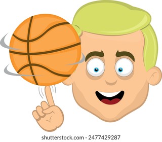 vector illustration face man cartoon blonde and blue eyes, with a basketball sport spinning on the finger of the hand