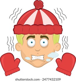 vector illustration face man cartoon blonde and blue eyes, shivering cold, wearing gloves and a winter hat, with breath vapor in his mouth