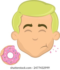 vector illustration face man cartoon blonde, eating raspberry snack donut