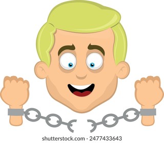 vector illustration face man cartoon blonde and blue eyes, breaking chains in freedom and enmancipation