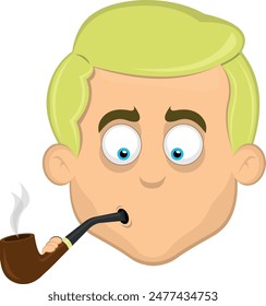 vector illustration face man cartoon blonde and blue eyes, smoking and inhaling pipe tobacco smoke