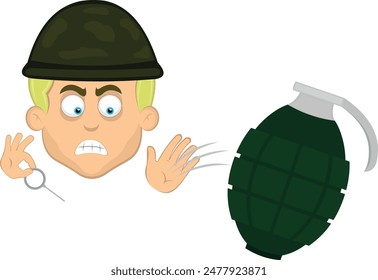 Cara de Ilustración vectorial hombre de dibujos animados rubio y ojos azules, lanzando una granada con un soldado y casco de guerra