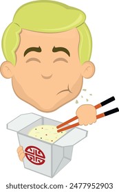 vector illustration face man cartoon blonde, eating chinese food in a cardboard box of rice with chopsticks