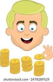 vector illustration face man cartoon blonde and blue eyes, counting a pile of coins