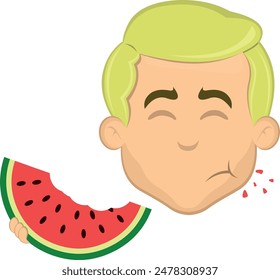 vector illustration face man cartoon blonde eating watermelon fruit