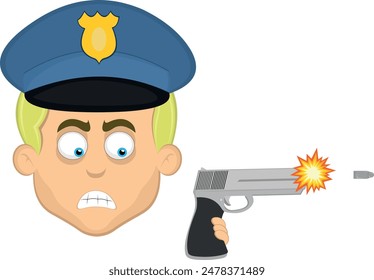 vector illustration face man cartoon blonde and blue eyes, with a police hat and a gun firing