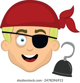 Vektorillustration Gesicht Mann Cartoon Blondine, mit einem Kopftuch, Hakenprothese Hand, eine Augenklappe und ein Pirat