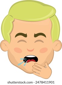 vector illustration face man cartoon blonde, coughing with your hand in your mouth