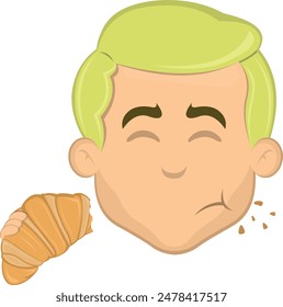 vector illustration face man cartoon blonde, eating bakery food croissant