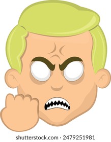 vector illustration face man cartoon blonde and blue eyes, with white eyes of angry expression concept, sharp teeth and hand revenge gesture