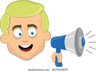 vector illustration face man cartoon blonde and blue eyes, talking with a megaphone in your hand