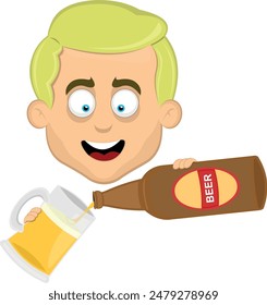 vector illustration face man cartoon blonde and blue eyes, with a bottle of beer pouring into a glass