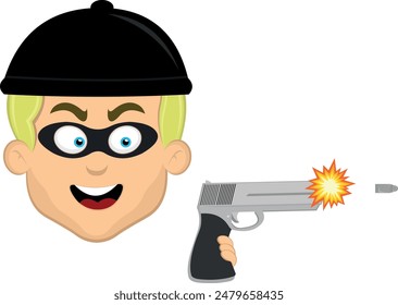 Cara de Ilustración vectorial hombre de dibujos animados rubio y ojos azules, con una máscara y sombrero de ladrón, disparando un arma de fuego pistola