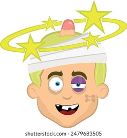 vector illustration face man cartoon blonde and blue eyes, injured with bandages on his head, a black eye, a bump, seeing stars and broken teeth