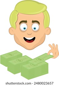 vector illustration face man cartoon blonde and blue eyes, counting a pile dollar bills paper