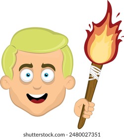 vector illustration face man cartoon blonde and blue eyes, holding a fire torch in his hand