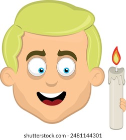 vector illustration face man cartoon blonde and blue eyes, holding a lit wax candle as a remembrance and commemoration concept