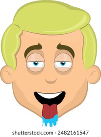 Ilustración vectorial cara hombre de dibujos animados rubio y ojos azules, con una expresión de deseo, lengua fuera y babeando saliva