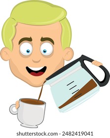 vector illustration face man cartoon blonde and blue eyes, with a coffeemaker or coffee jug pouring into a cup