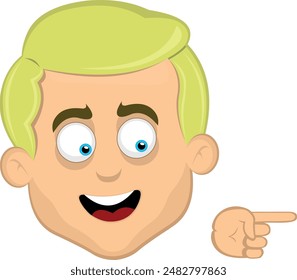 vector illustration face man cartoon blonde and blue eyes, with the index finger of the hand pointing