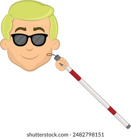 vector illustration face man cartoon blonde, blind man with a cane in his hand and sunglasses