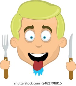 vector illustration face man cartoon blonde and blue eyes, with a hungry expression, tongue sticking out with drool saliva, a knife and fork in his hands