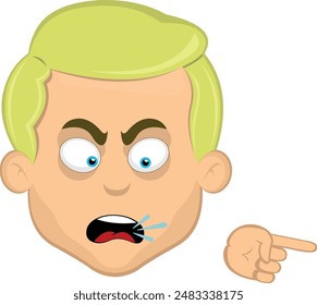 vector illustration face man cartoon blonde and blue eyes, with a gesture of the index finger of the hand accusing and condemning